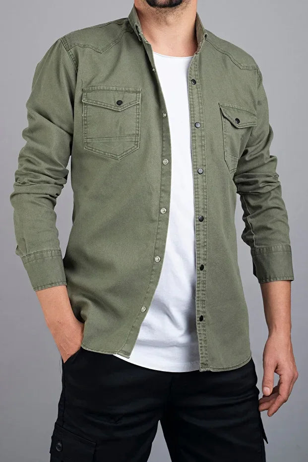 Slim Fit Men's Denim Shirt Green