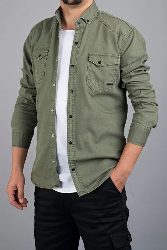 Slim Fit Men's Denim Shirt Green
